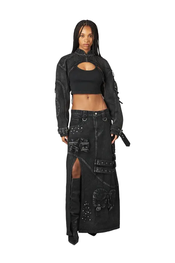 Black Cropped Denim Jacket - Image 2